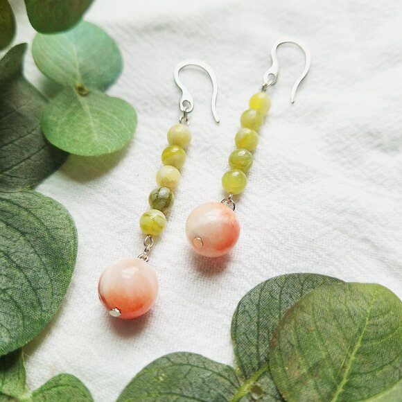 Boho Gemstone Dangle Earrings – Handmade Jewelry, Green & Pink Chalcedony - Picture 4 of 7